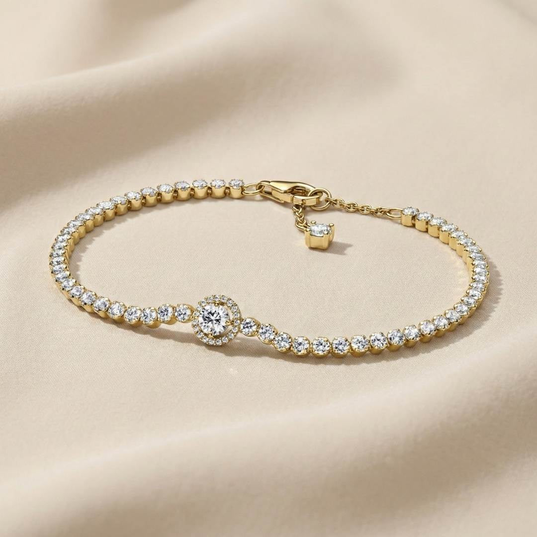 Pandora Timeless Teniska Narukvica Sparkling Halo (Posebna Pandora legura metala s 14k pozlatom)